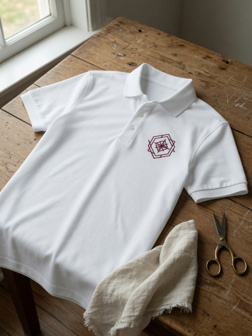 White golf shirt with burgundy crest embroidery