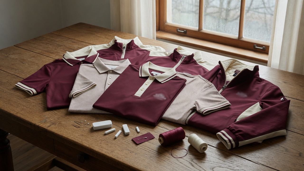 Golf shirts and a jacket laid with thread on an oak table