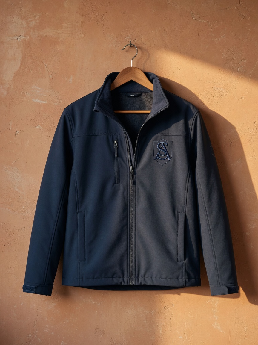 Navy jacket on a wooden hanger